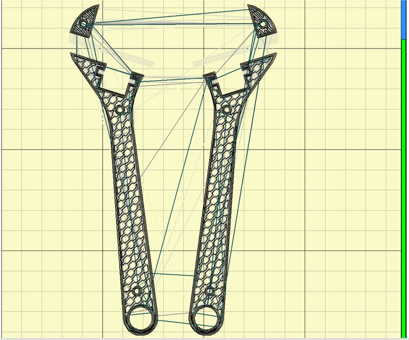 The 3D Printed Wrench in two pieces to eliminate overhangs on Pronterface.