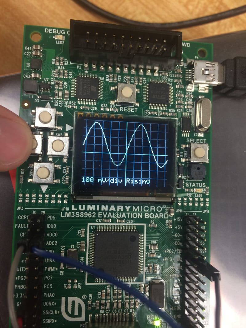 Note the Trigger (SINE). Changing the Voltage Resolution (Scale).
Display shows waveform adjusted accordingly.