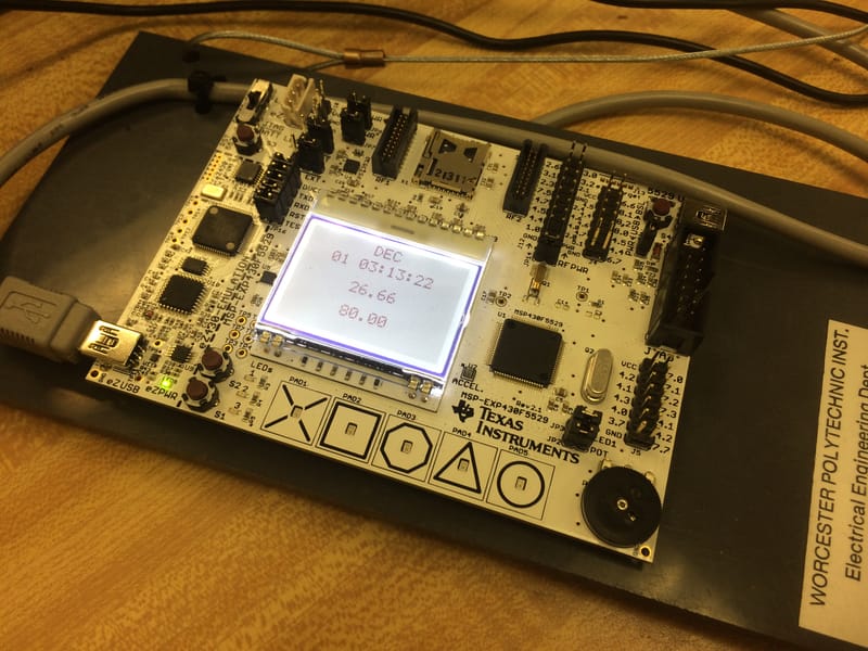 Date, time, processor temperature, and accelerometer X/Y/Z data displayed in real time on the MSP430.